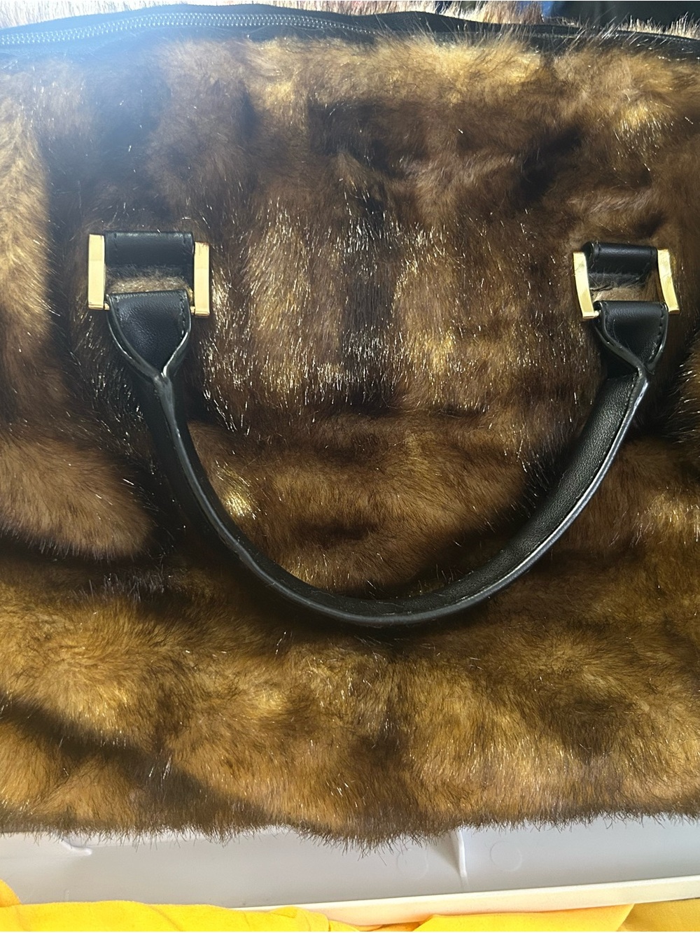 Faux Fur Travel Tote Bag in Brown with Black Handles